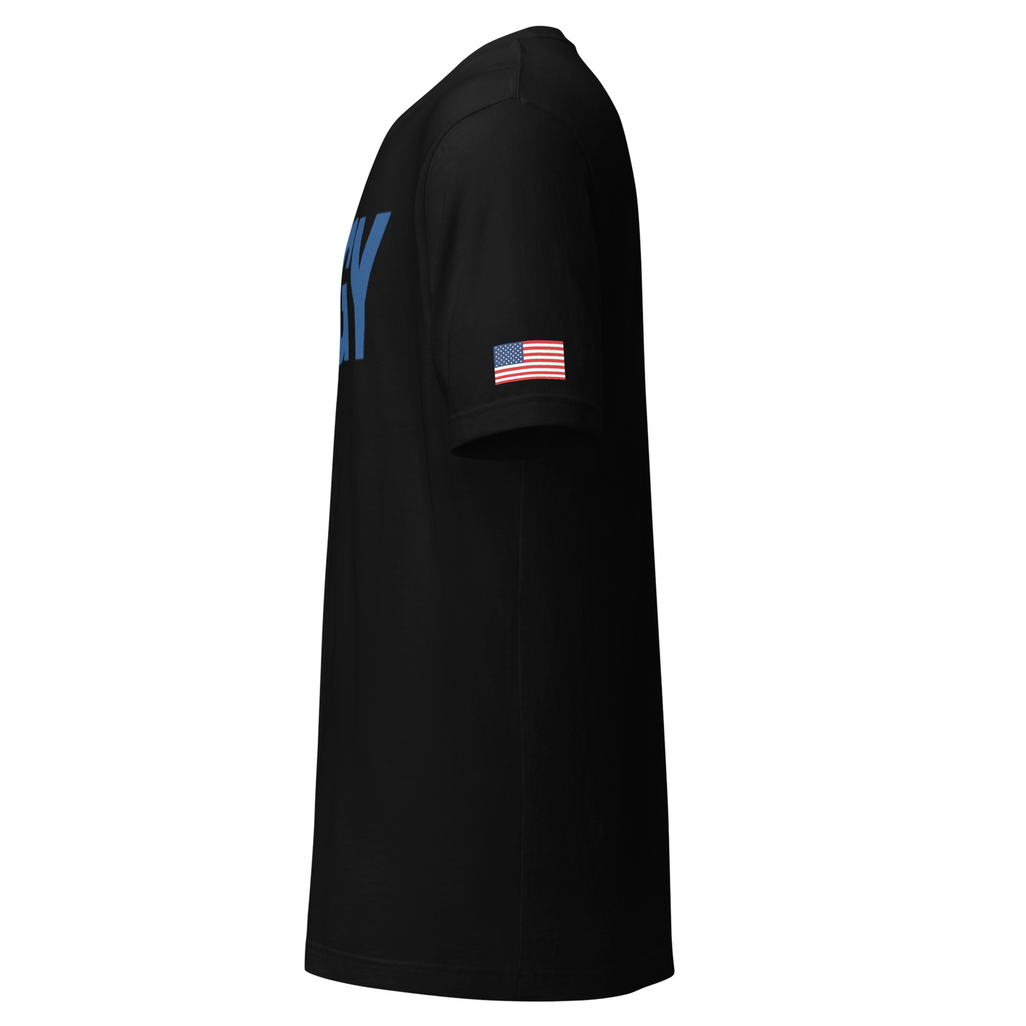 Black tee with centered AWGY blue logo side view