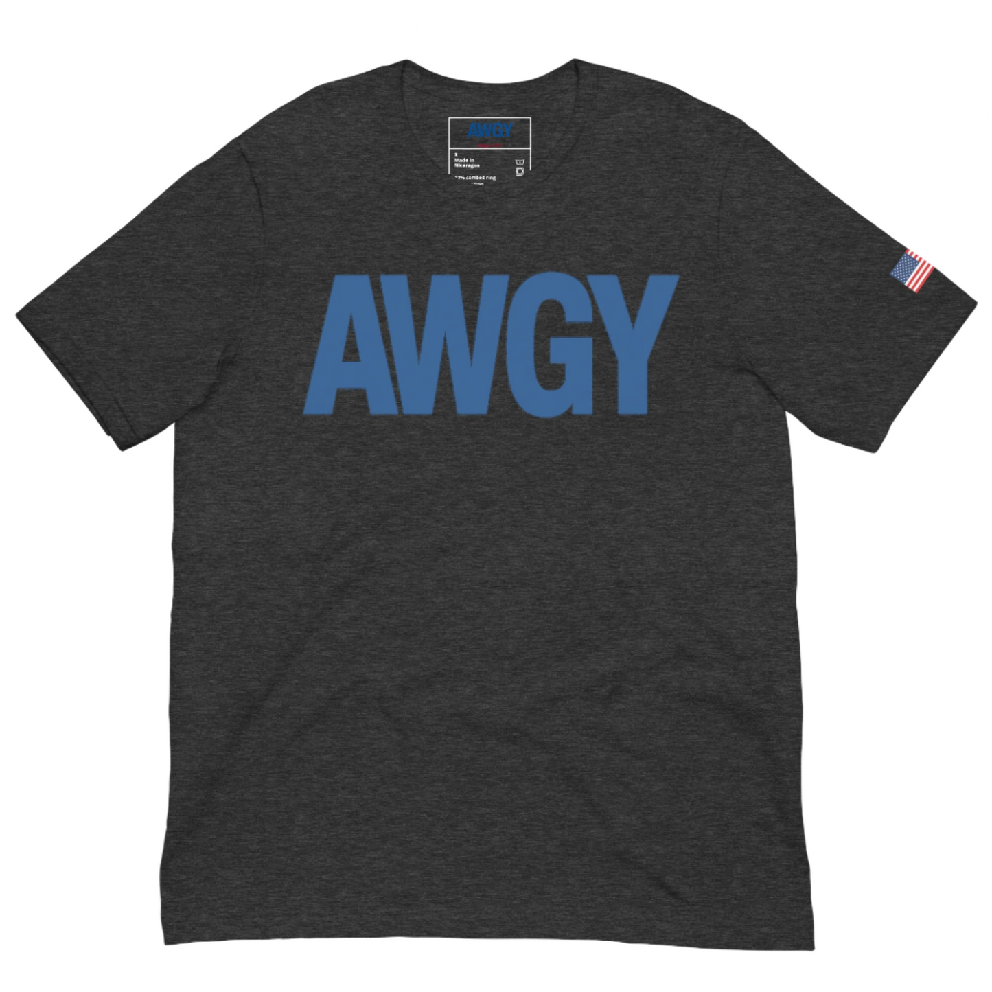 Heather Grey tee with centered AWGY blue logo