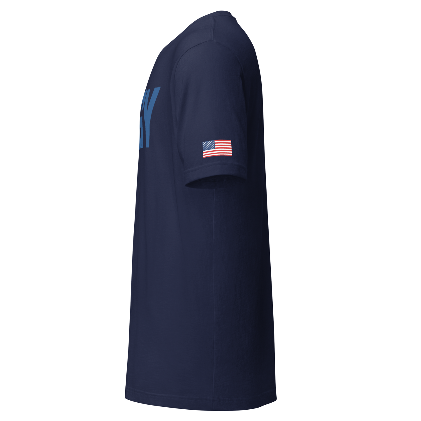 Navy tee with centered AWGY blue logo side view