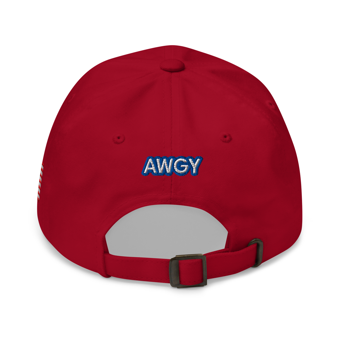 Red AWGY cap with blue embroidered logo, back view,
