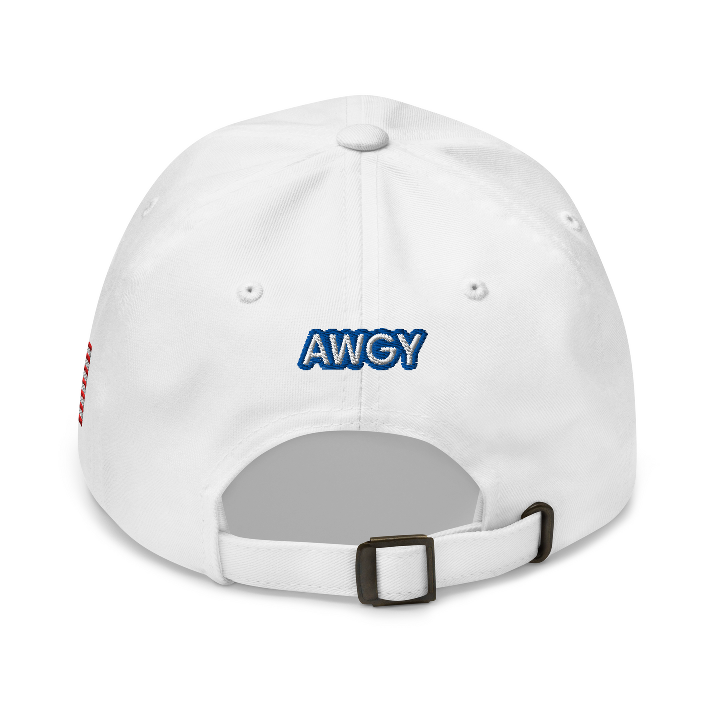 White AWGY cap with blue embroidered logo, back view,