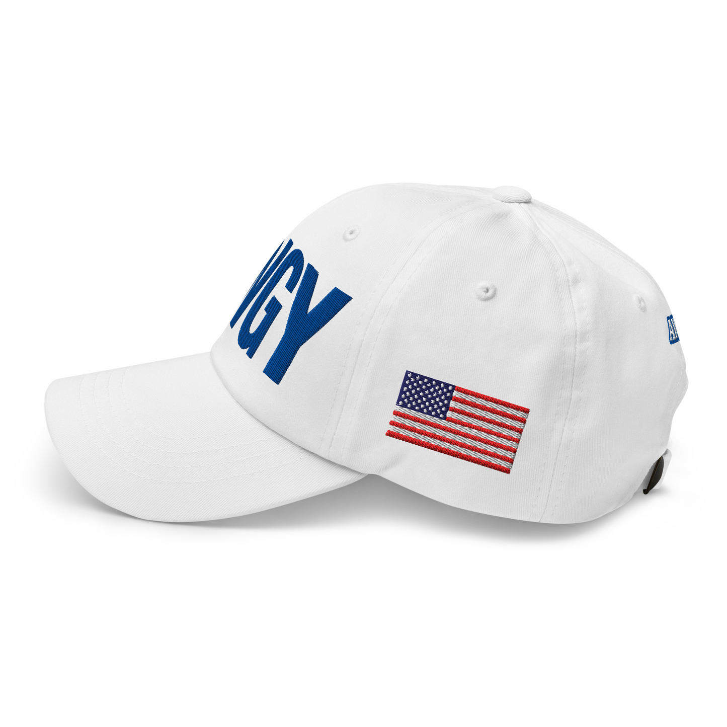 White AWGY cap with blue embroidered logo, side view,