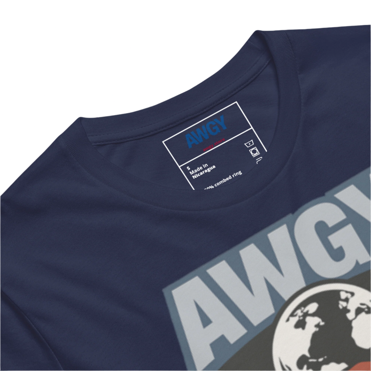 Navy tee with red & blue hands shaking over globe, AWGY quote below product details