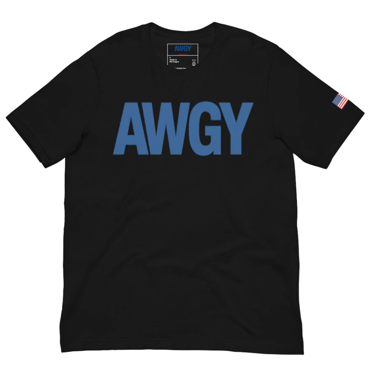 Black tee with centered AWGY blue logo
