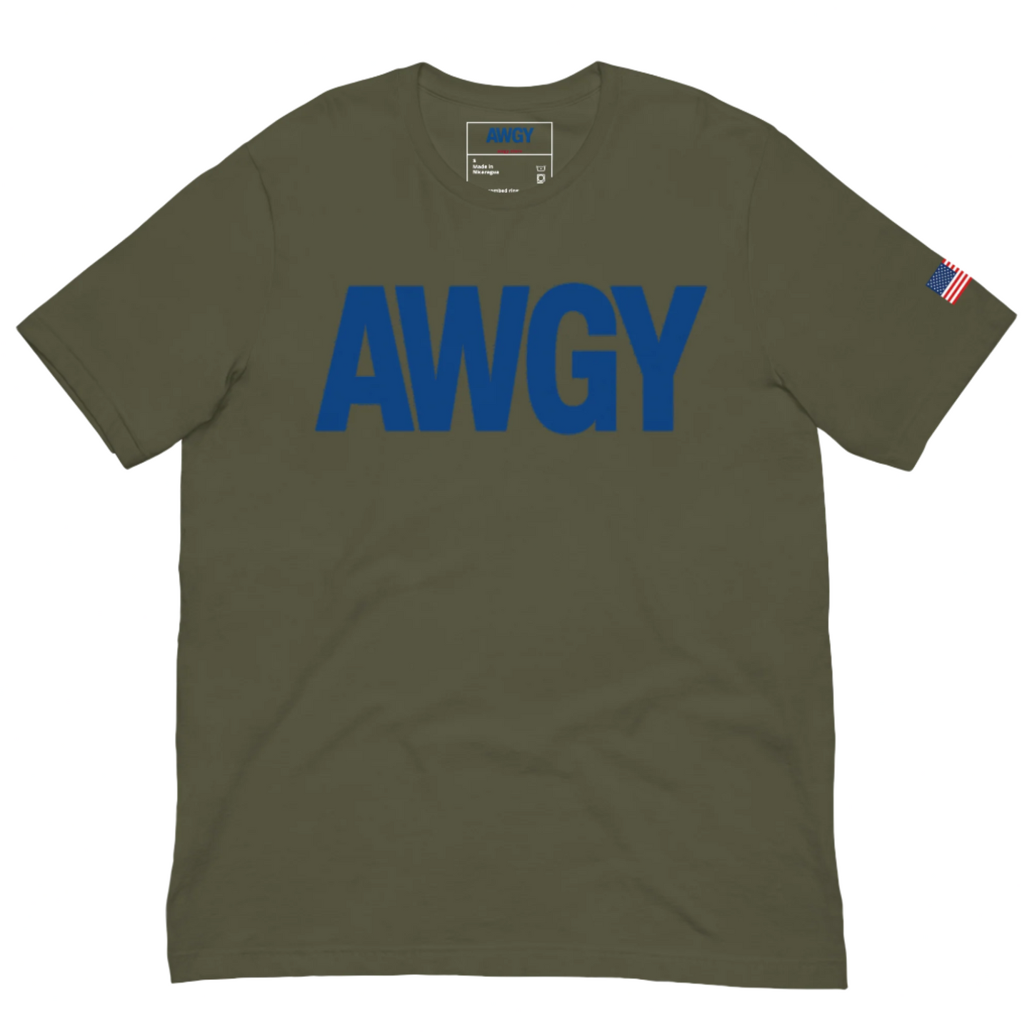 Military Green tee with centered AWGY blue logo 