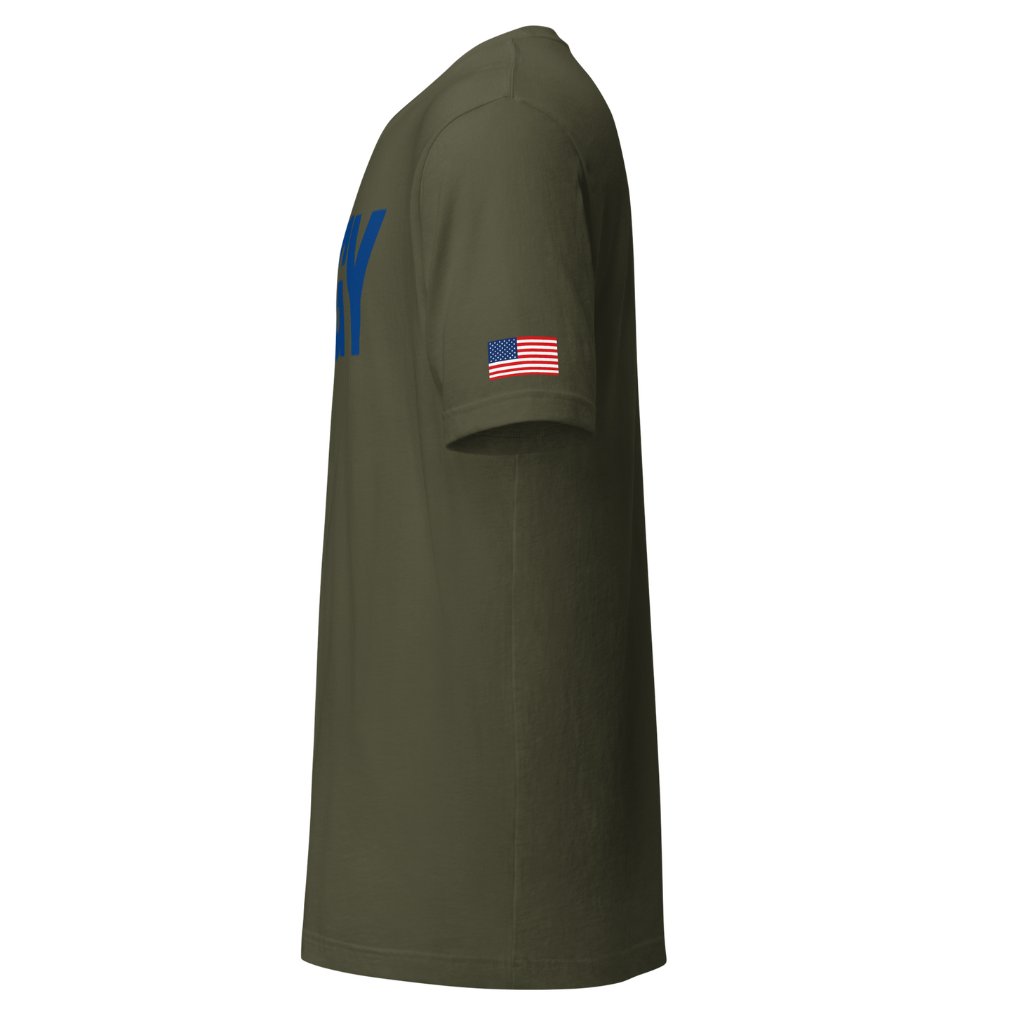 Military Green tee with centered AWGY blue logo side view
