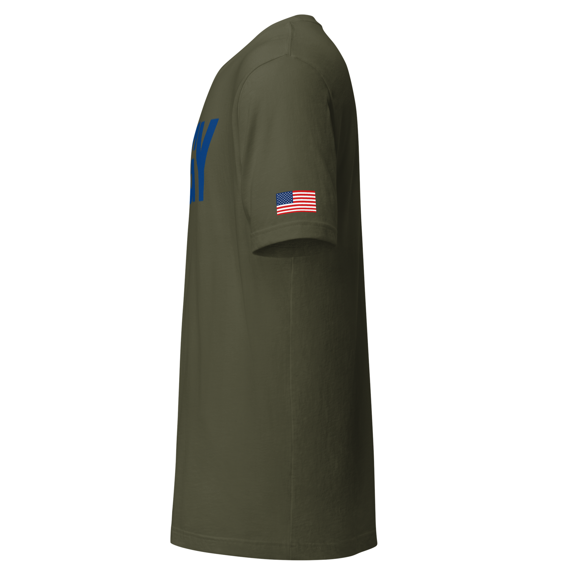 Military Green tee with centered AWGY blue logo side view