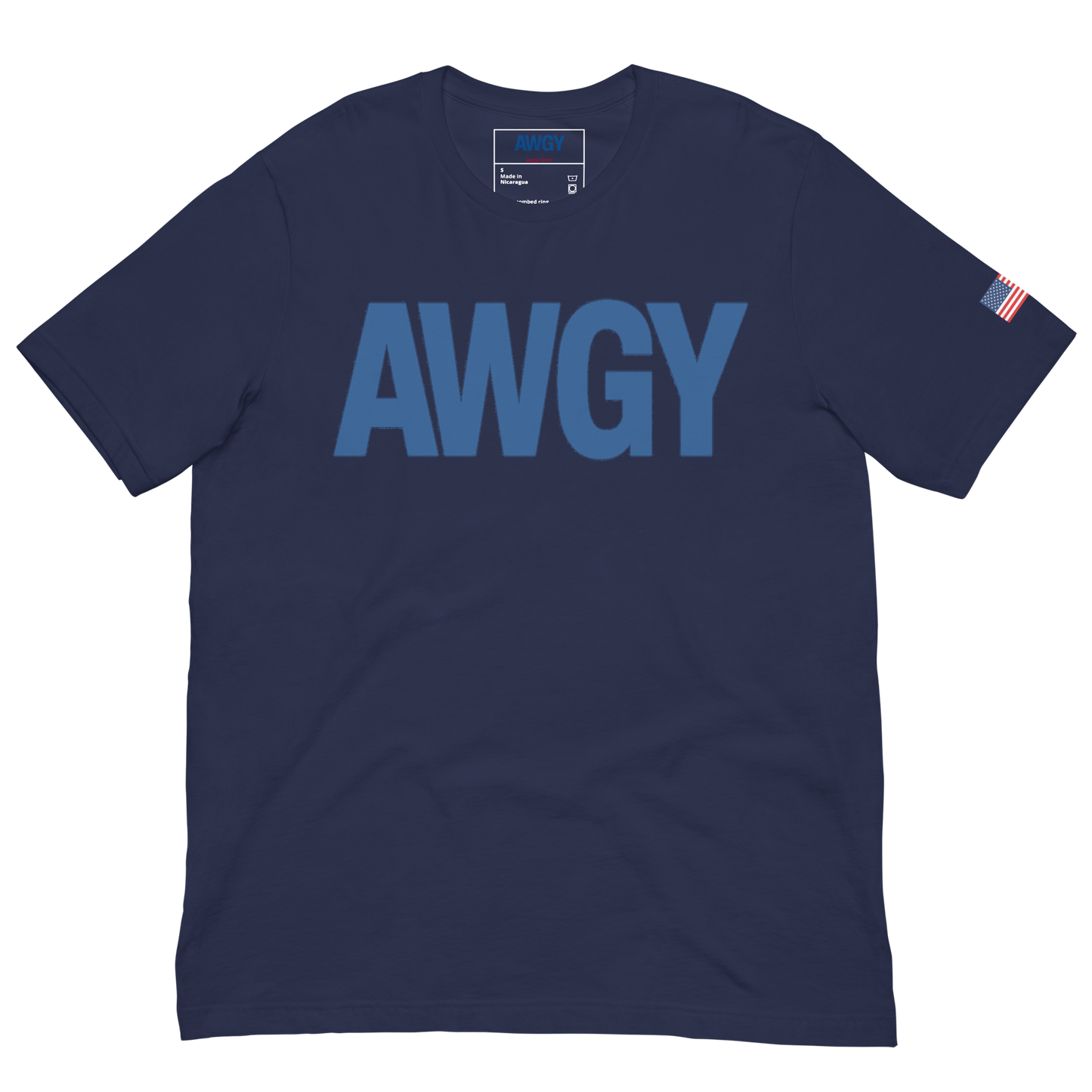 Navy tee with centered AWGY blue logo 