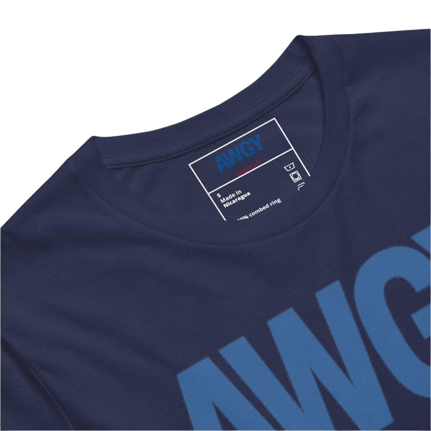 Navy tee with centered AWGY blue logo product details