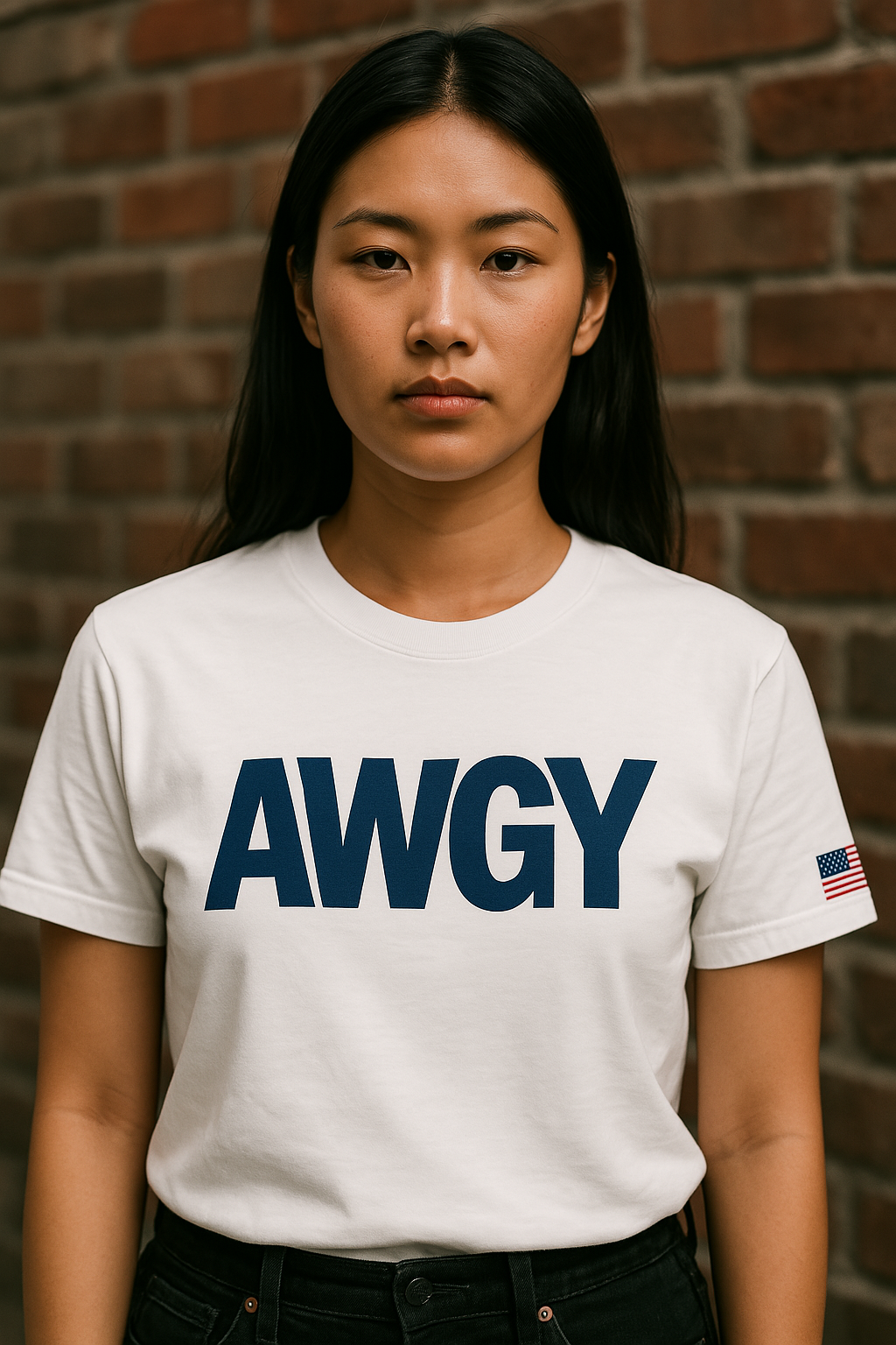 White tee with centered AWGY blue logo female model