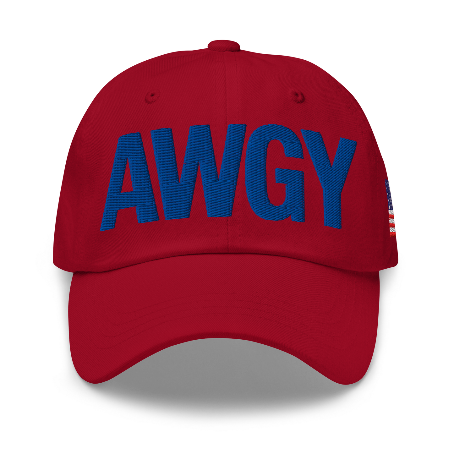 Red AWGY cap with blue embroidered logo, front view, 