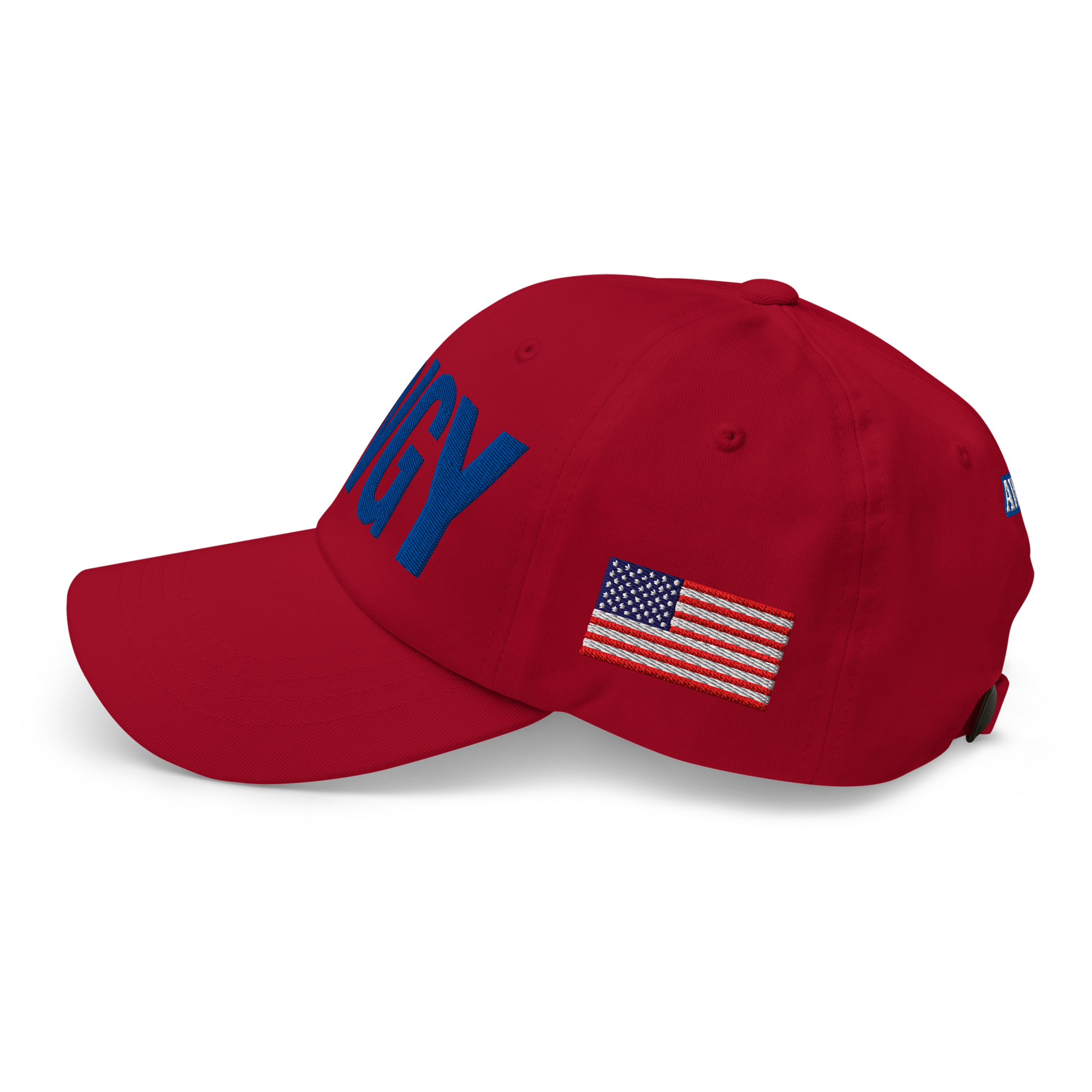 Red AWGY cap with blue embroidered logo, side view, 