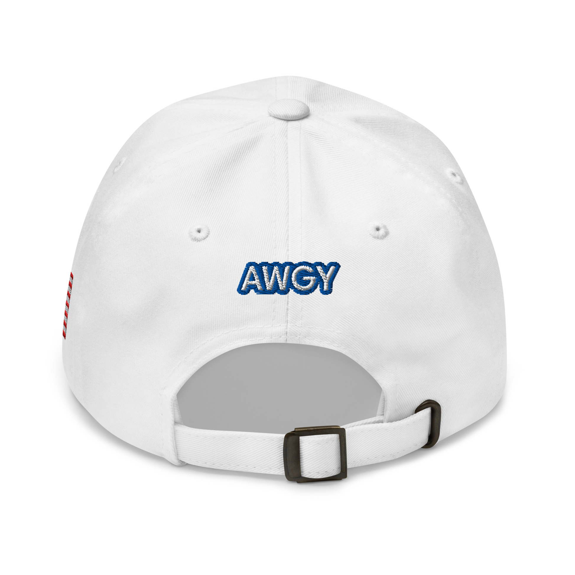 White AWGY cap with blue embroidered logo, back view, 