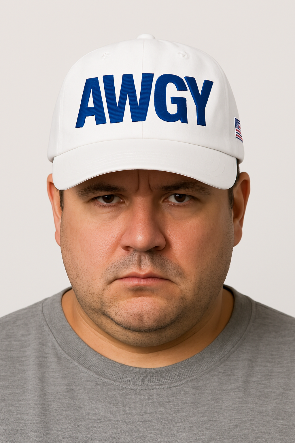 White AWGY cap with blue embroidered logo, front view, male model