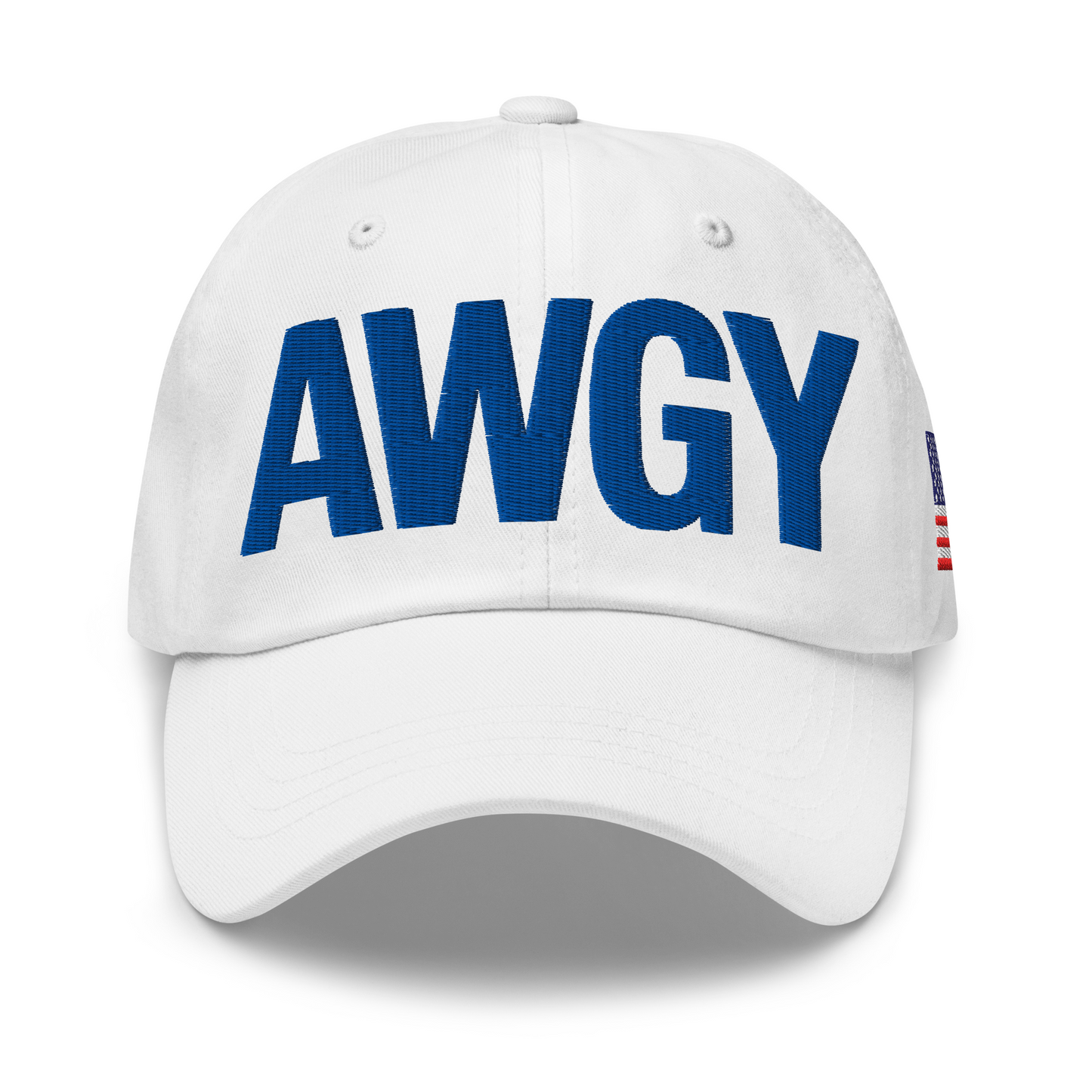 White AWGY cap with blue embroidered logo, front view