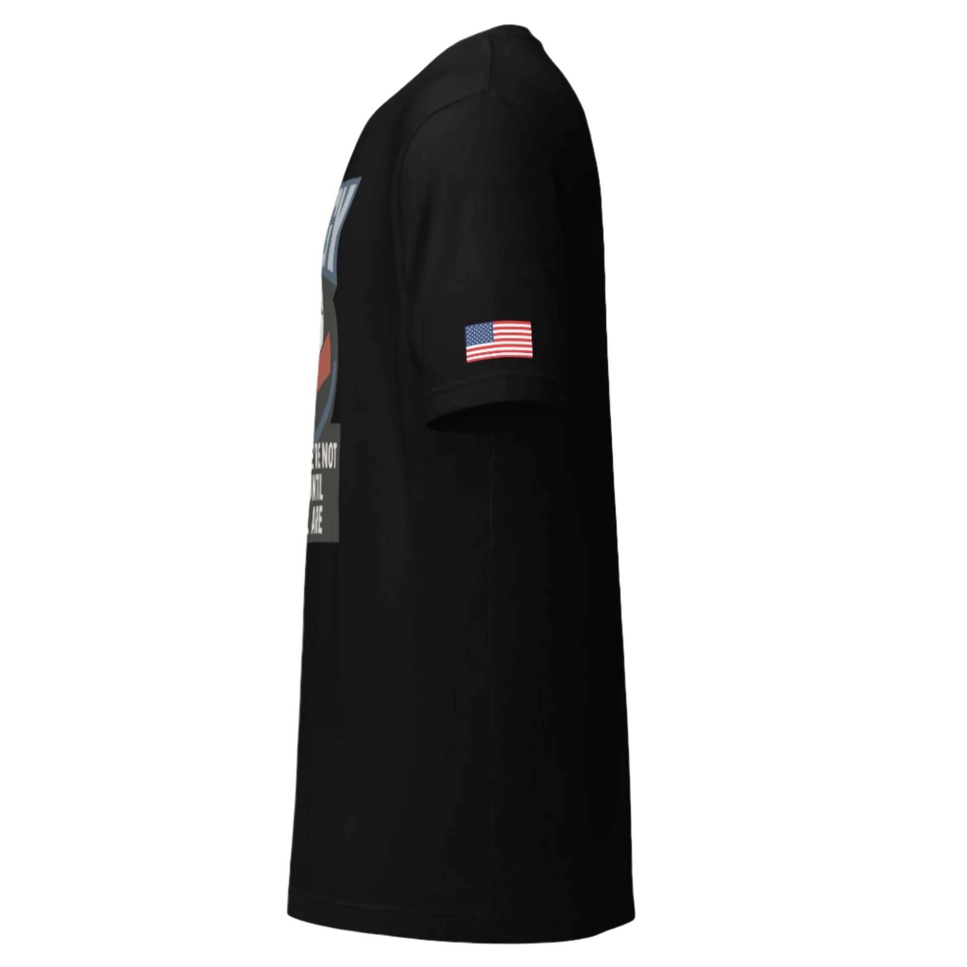 Black tee with red & blue hands shaking over globe, AWGY quote below