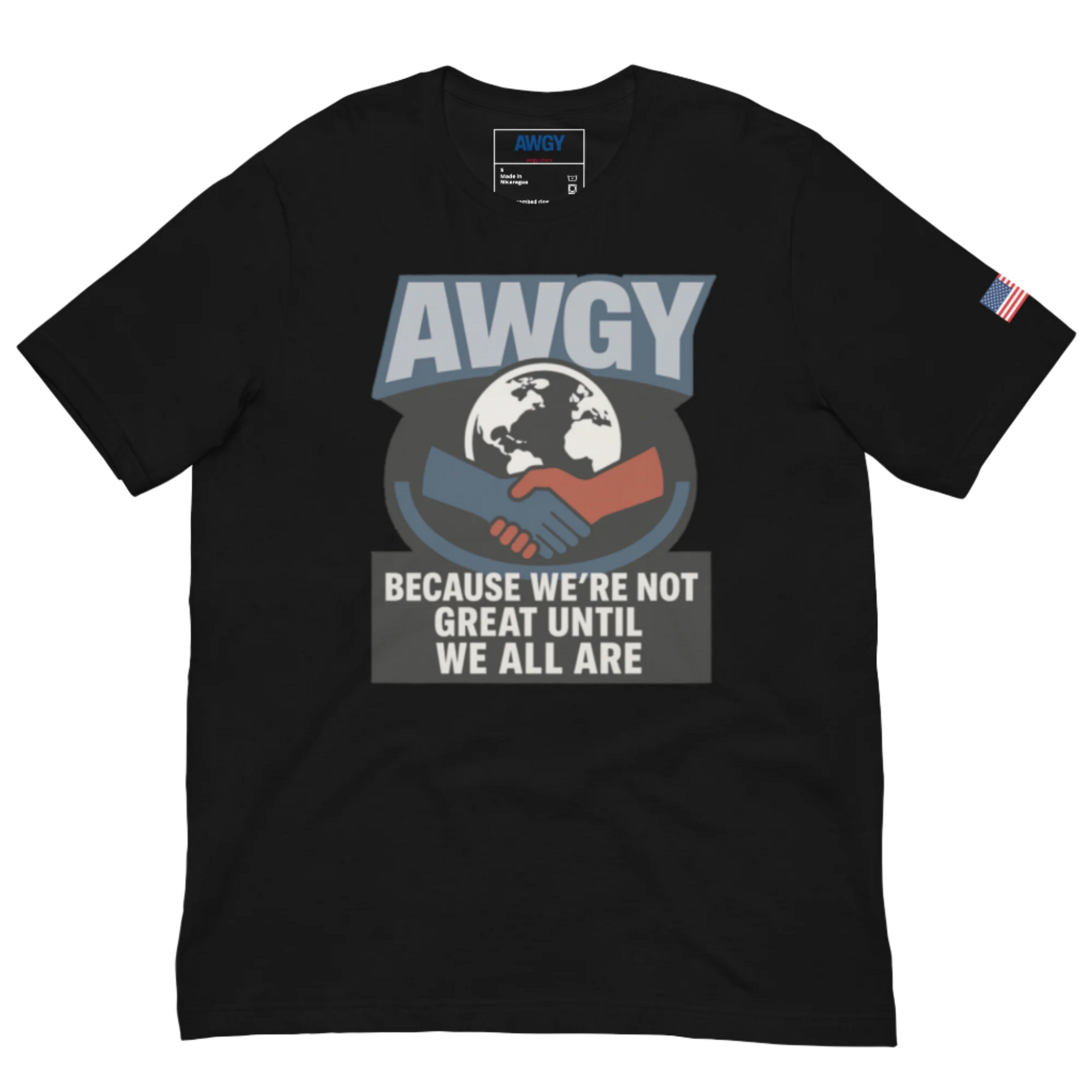 Black tee with red & blue hands shaking over globe, AWGY quote below