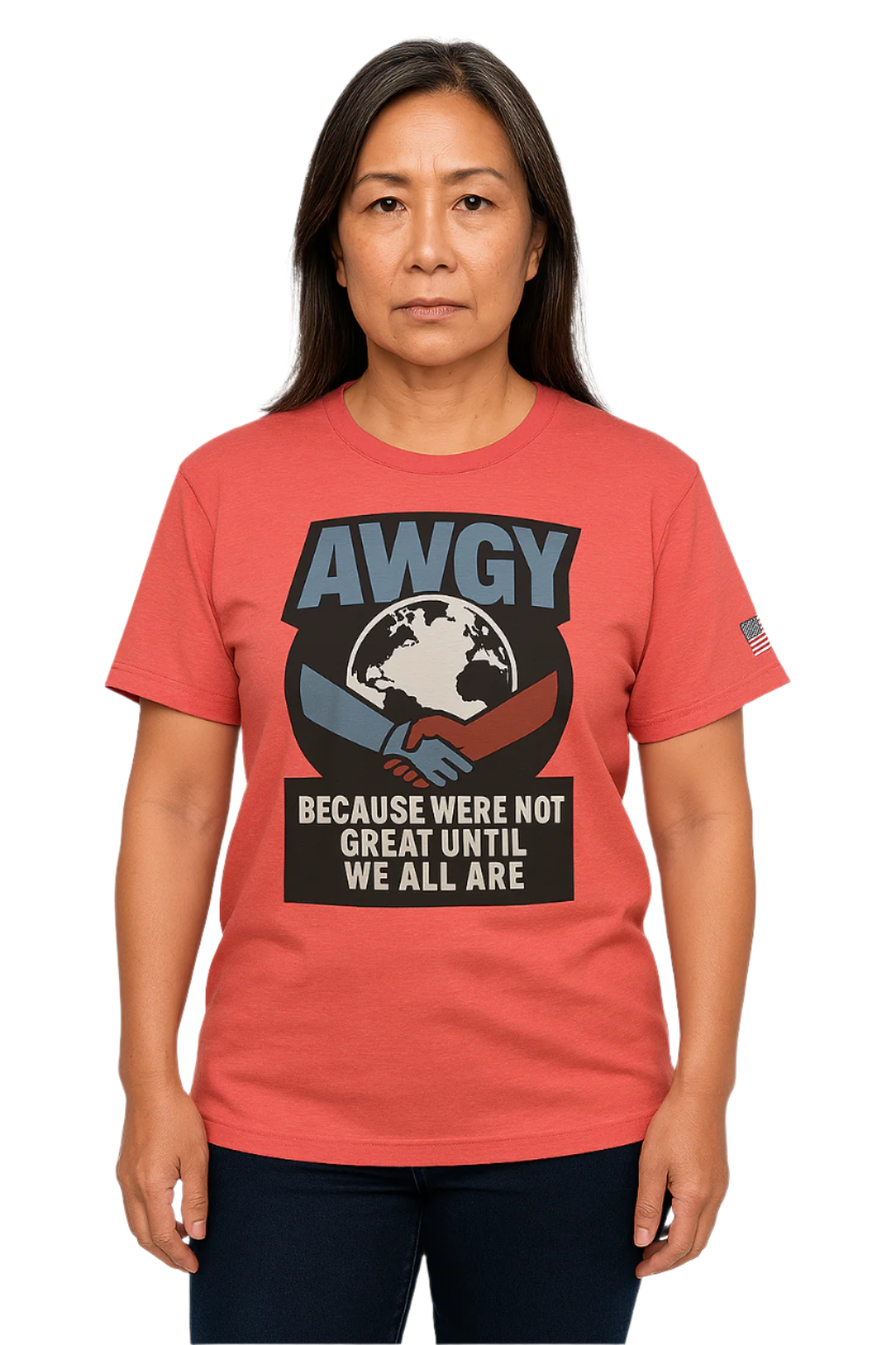 Heather Red tee with red & blue hands shaking over globe, AWGY quote below female model