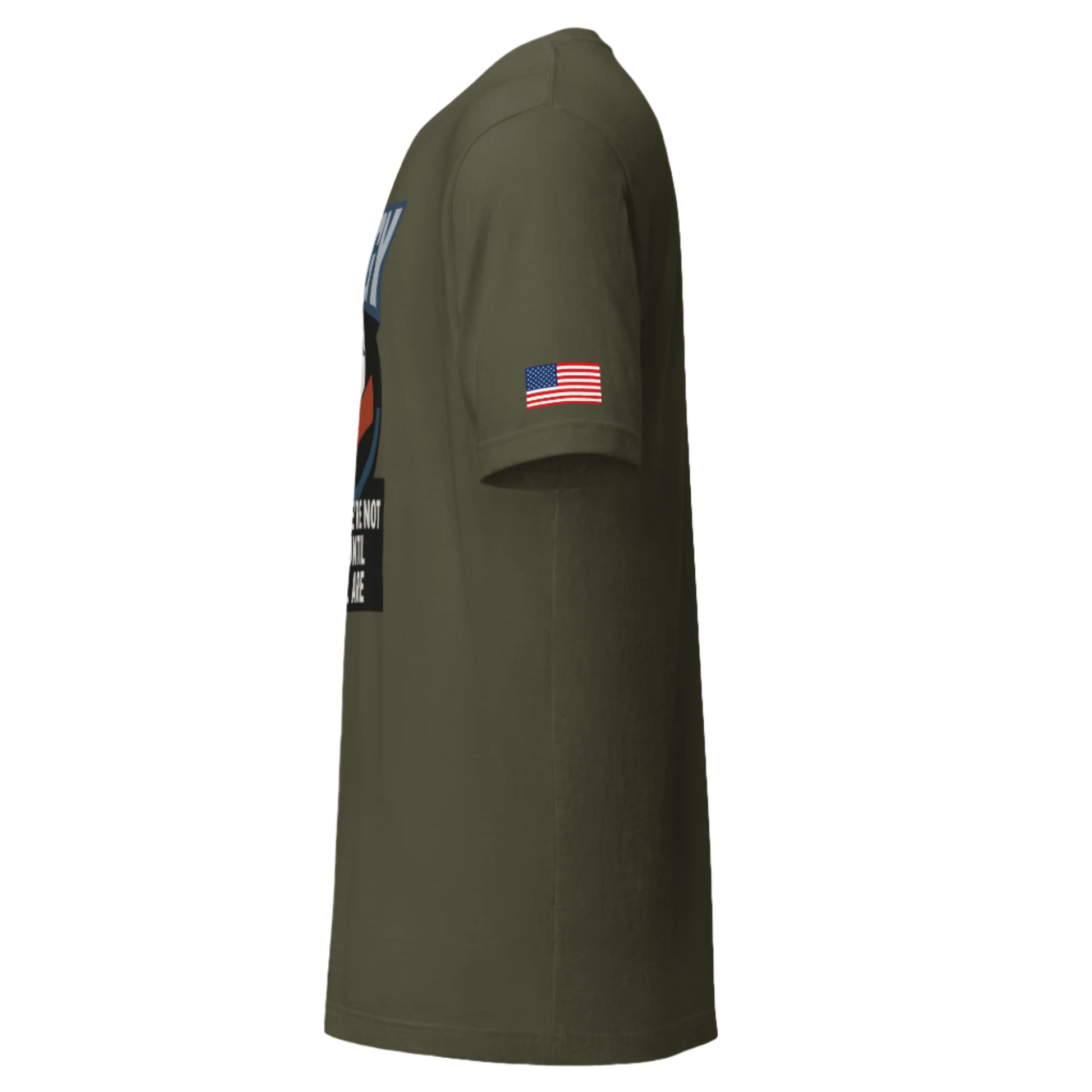 Military Green tee with red & blue hands shaking over globe, AWGY quote below