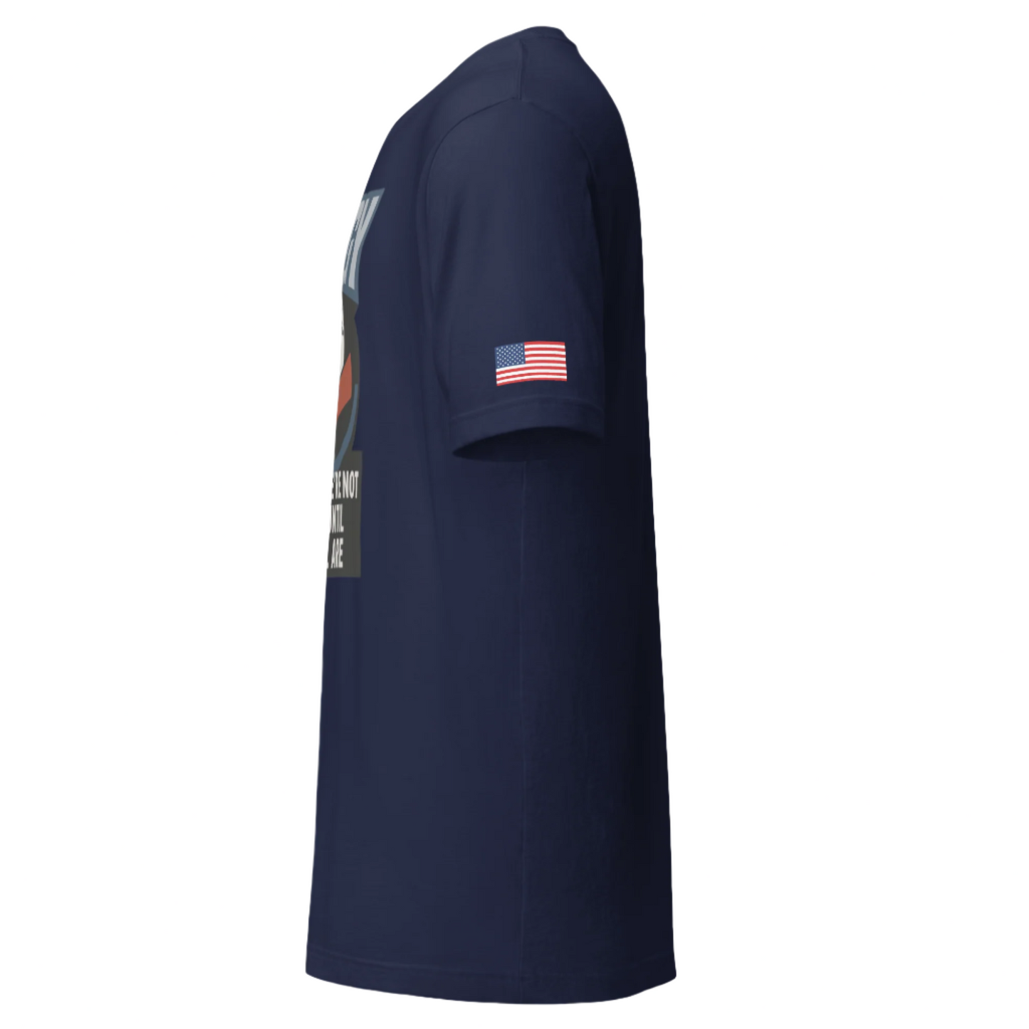 Navy tee with red & blue hands shaking over globe, AWGY quote below